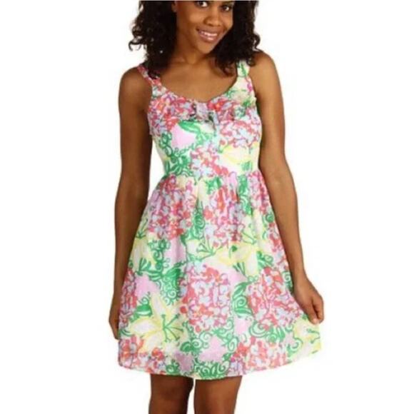 Lilly Pulitzer‎ Sz 6 Peggy Smocked Pink & Green Sundress Pastel Ruffle Preppy - Picture 1 of 16